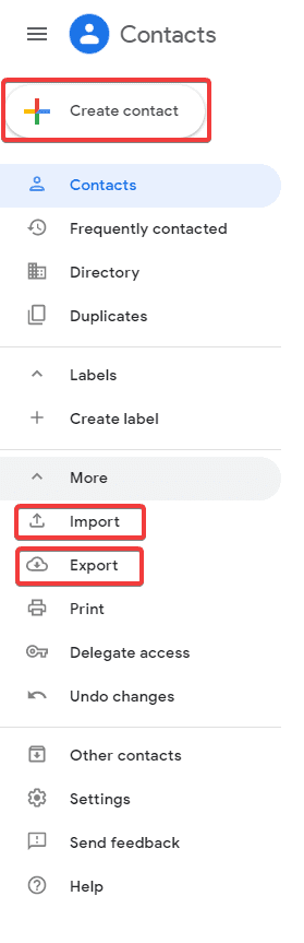 Google contacts menu - import export