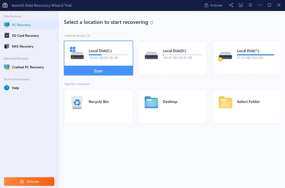 ease us data recovery select drive