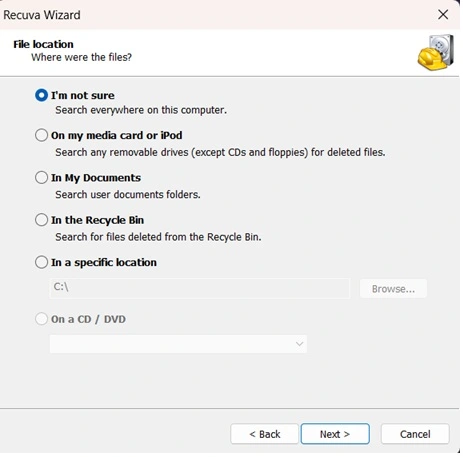 recuva wizard select file location