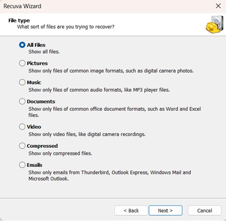 recuva wizard select file type