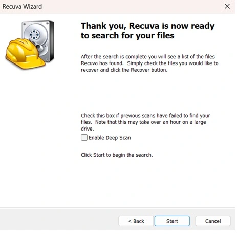 recuva wizard start scanning