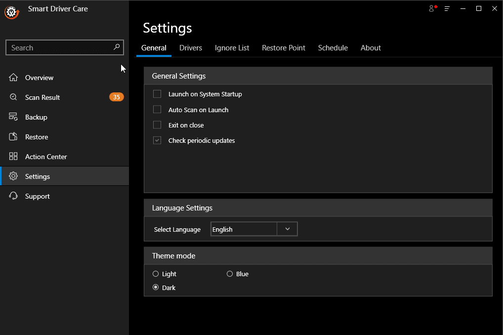settings in Smart Driver Care