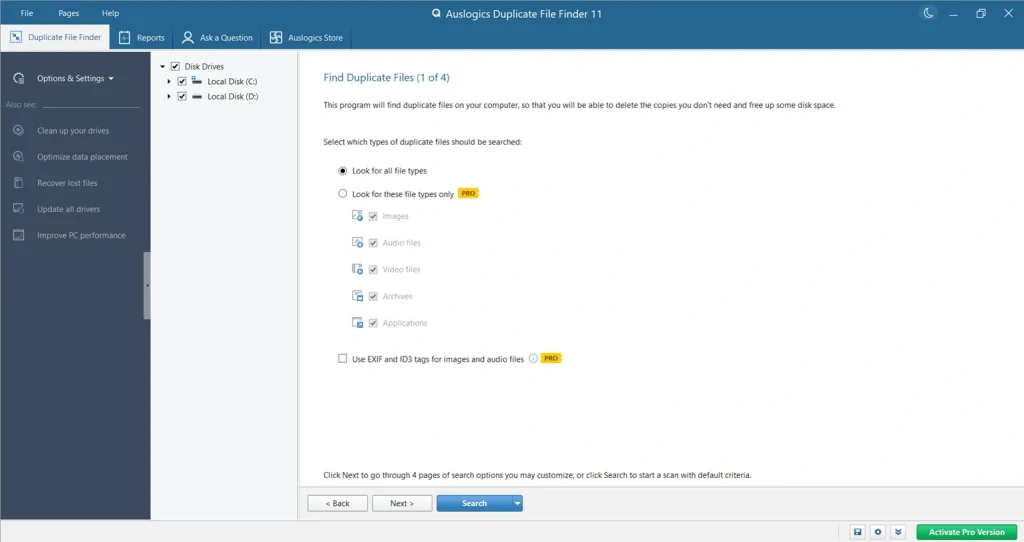 auslogics duplicate file finder choose drive 