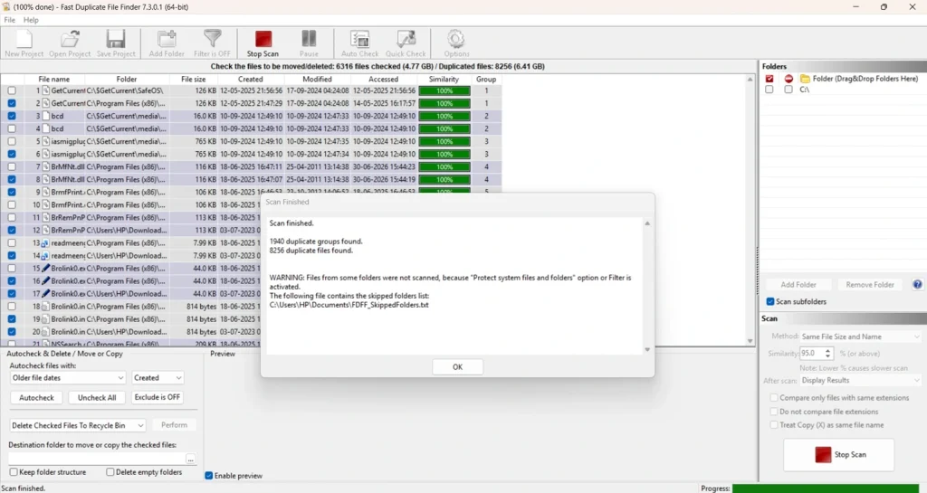 duplicate file finder pro scan results