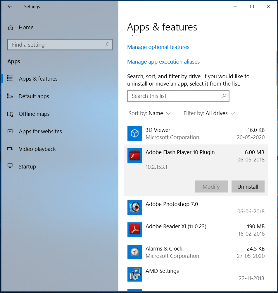 uninstall programs on Windows 10