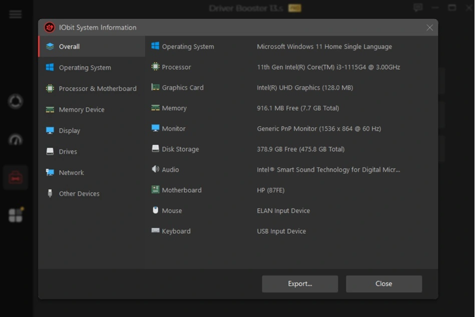iobit driver booster overview system info