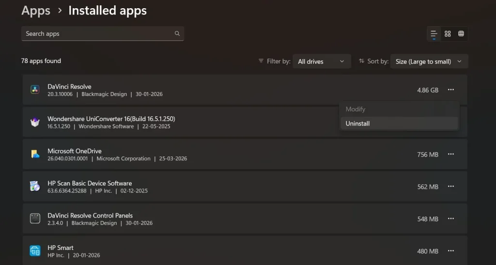 Use the Installed Apps List in Windows 11