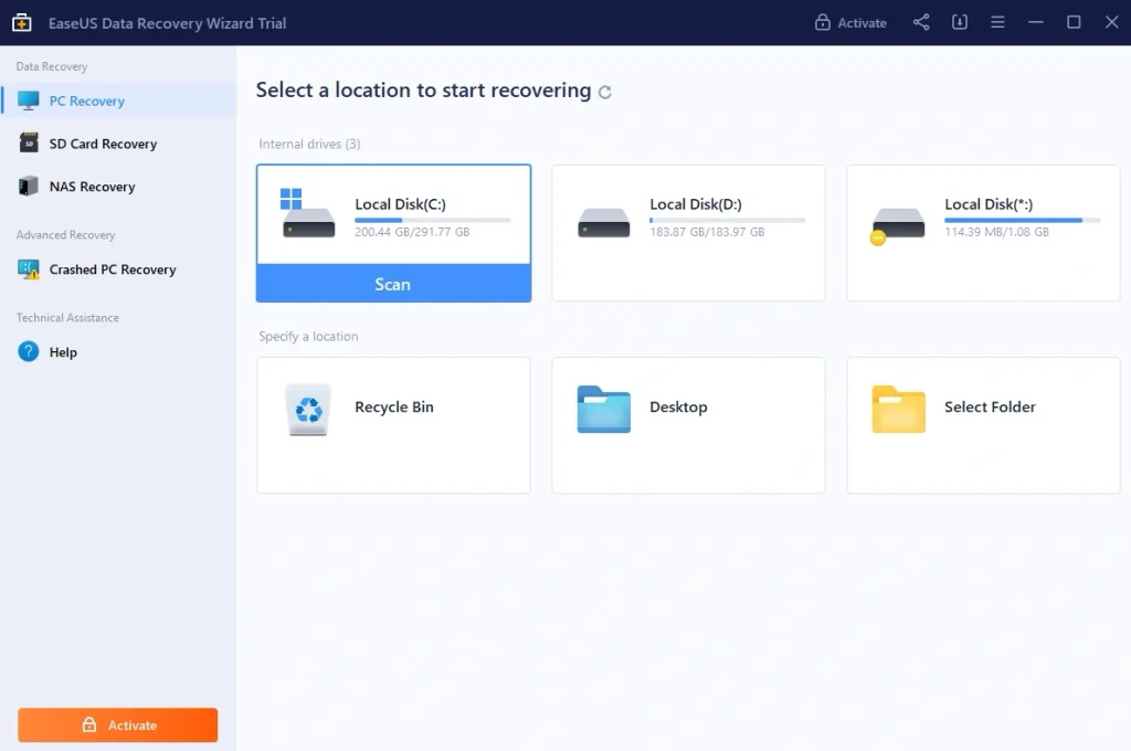easeus data recovery wizard select drive
