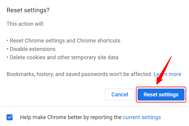 Reset settings
