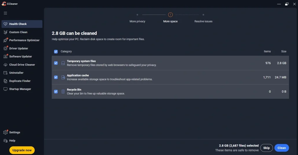 ccleaner health check tab