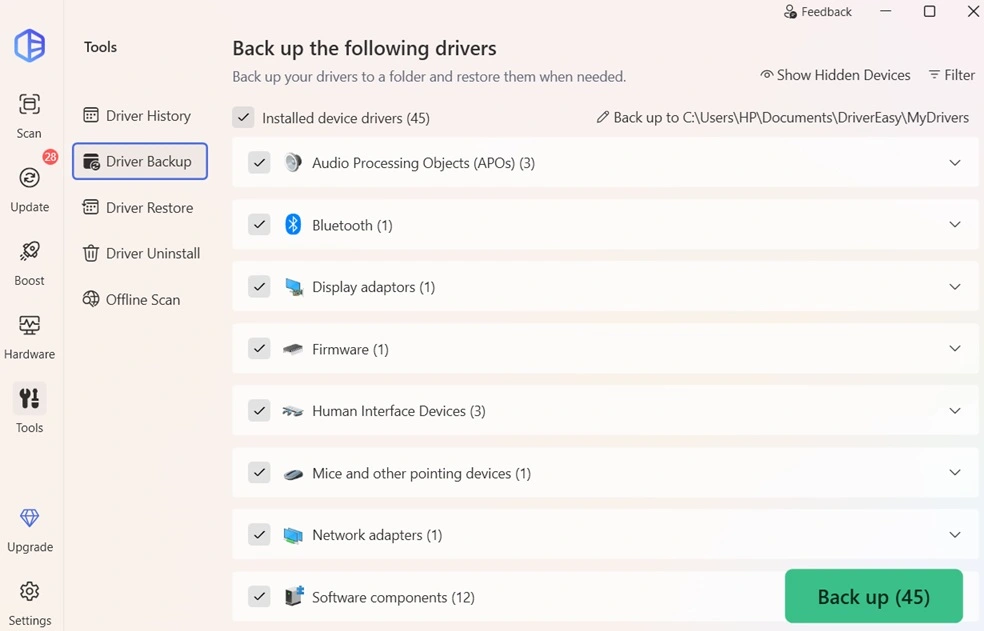 driver easy backup restore