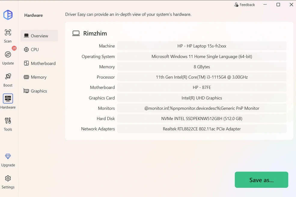 driver easy hardware info panel