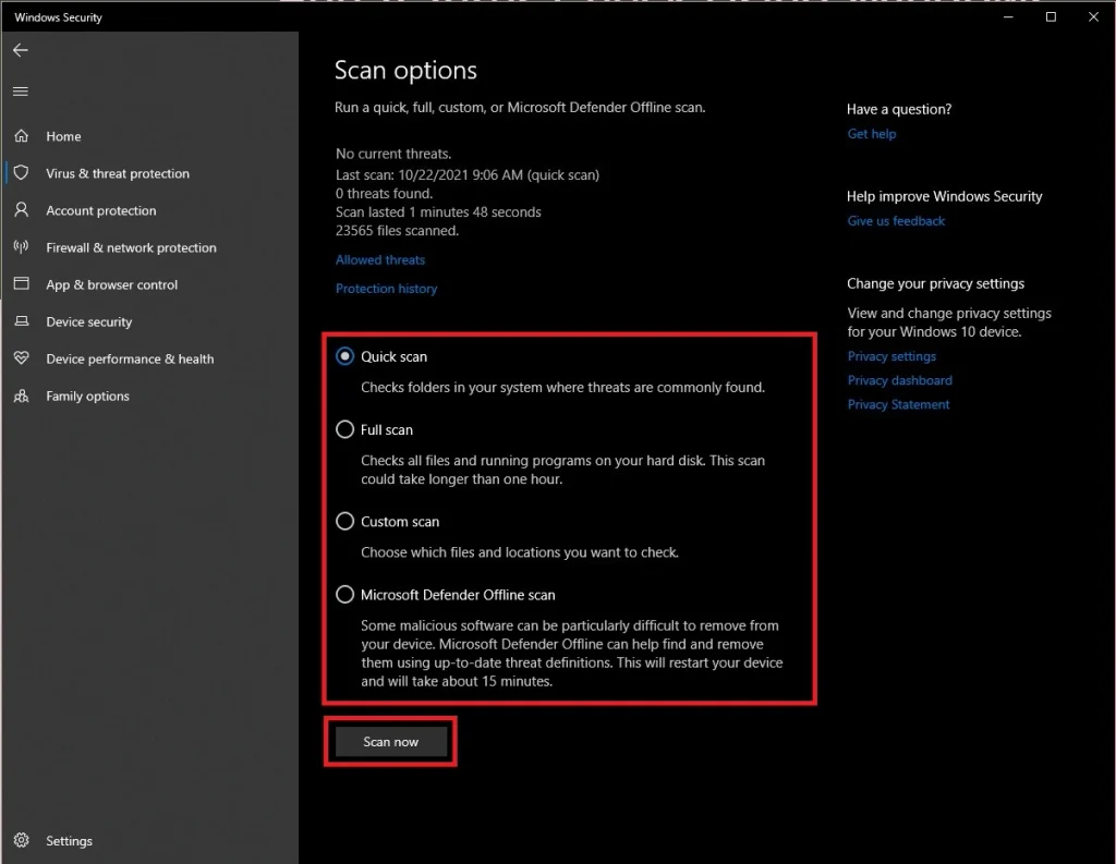 microsoft defender run scan