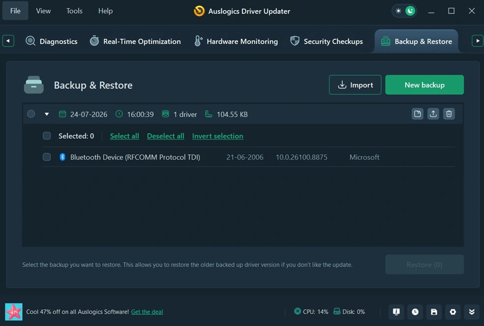 auslogics driver backup and restore