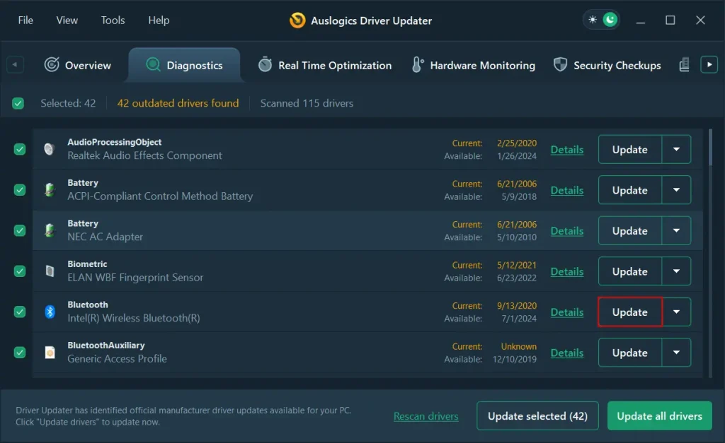 auslogics driver updater bulk update