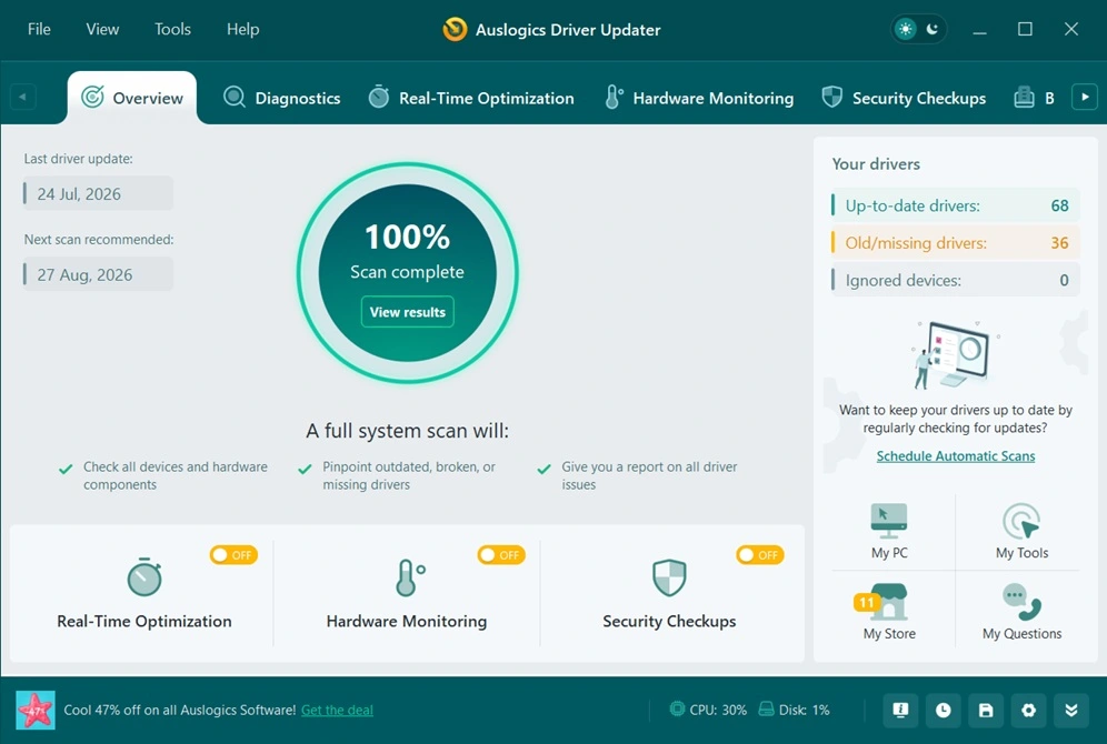auslogics driver updater view results