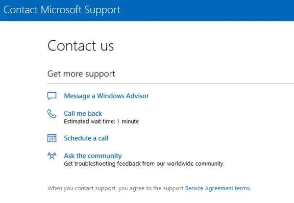contact us option in microsoft support website