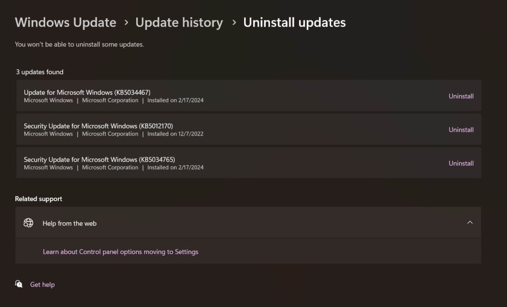 view and uninstall previous windows updates