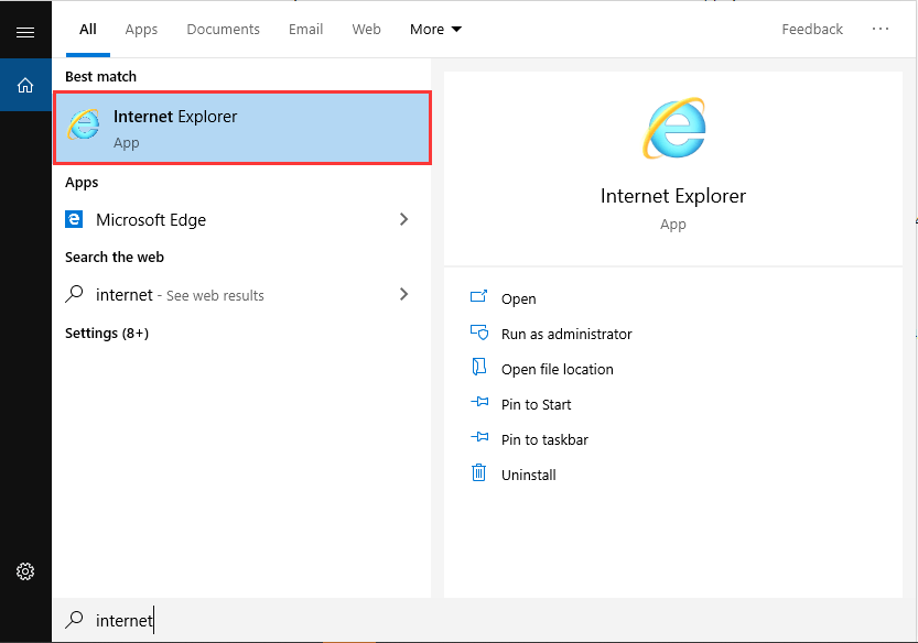 Open Internet Explorer 11 on Windows 10