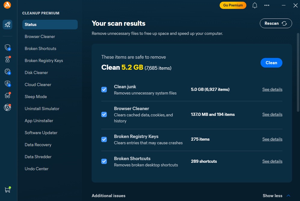 avast cleanup scan results