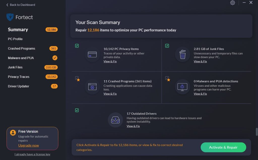 fortect pc cleaner optimize pc repair button