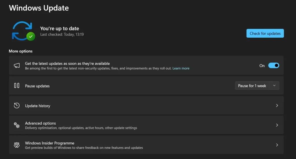 Using Windows Update Settings