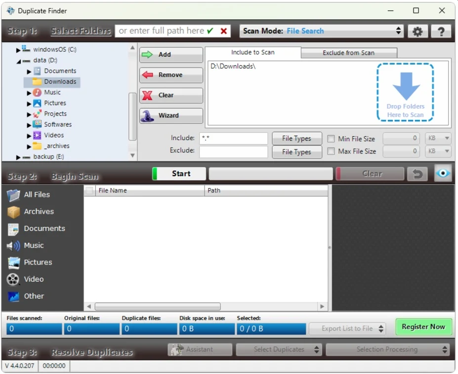duplicate file finder main screen