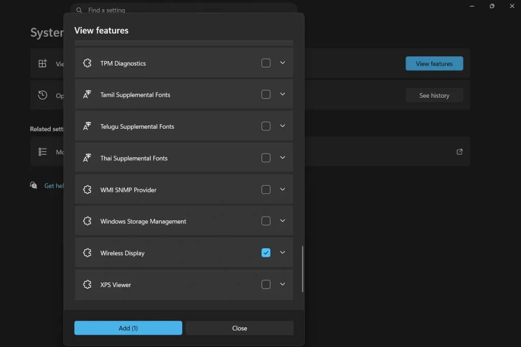 add wireless display feature via settings