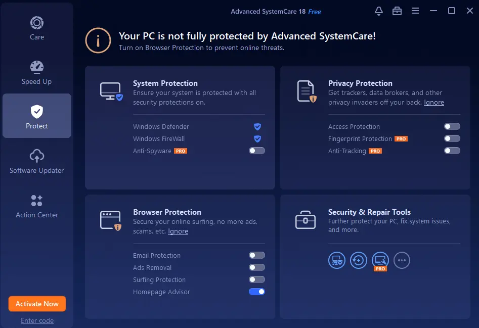 advanced system care privacy protection tools