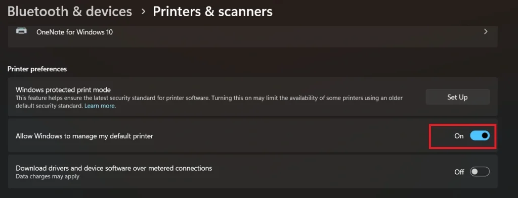 allow windows to manage default printer
