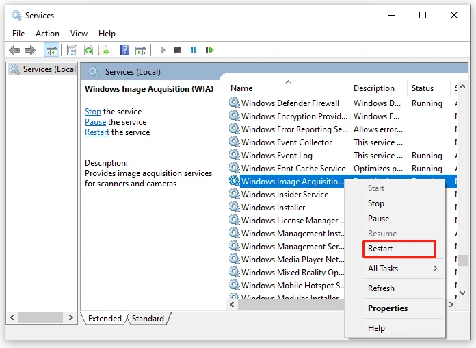 restart windows image acquisition service