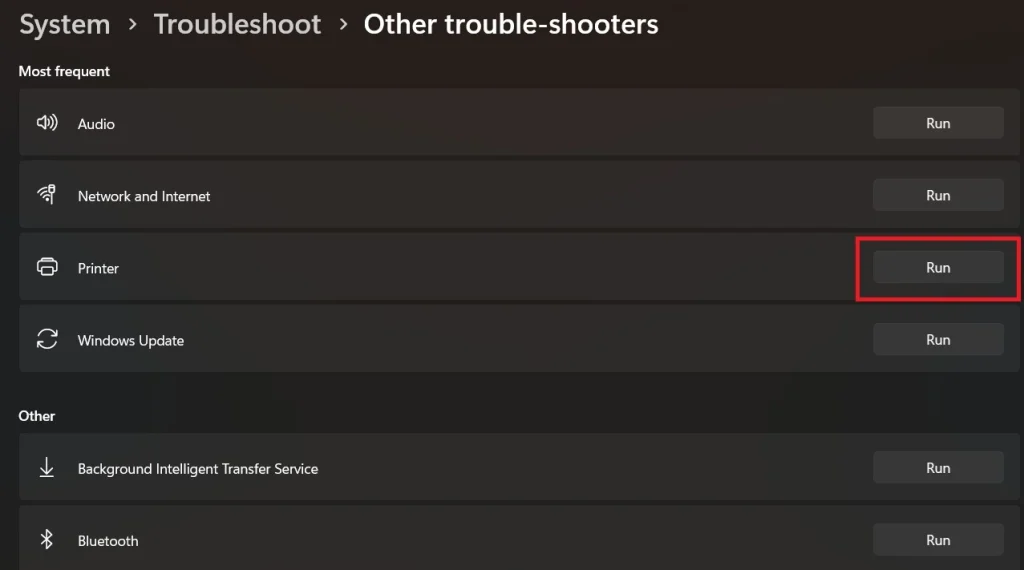 run printer troubleshooter windows 11