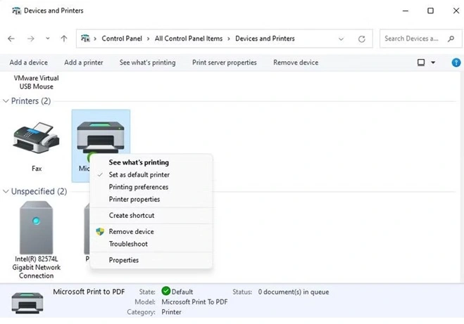 set default printer via control panel