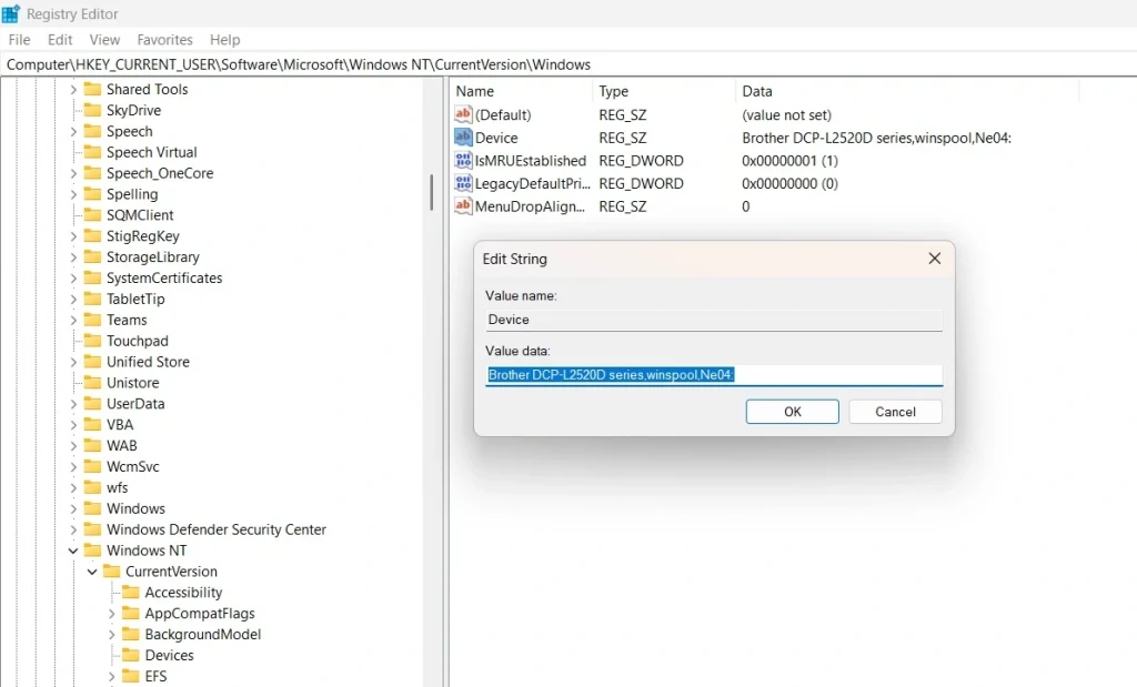 set default printer via registry editor
