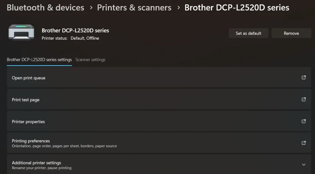 set default printer windows via settings app