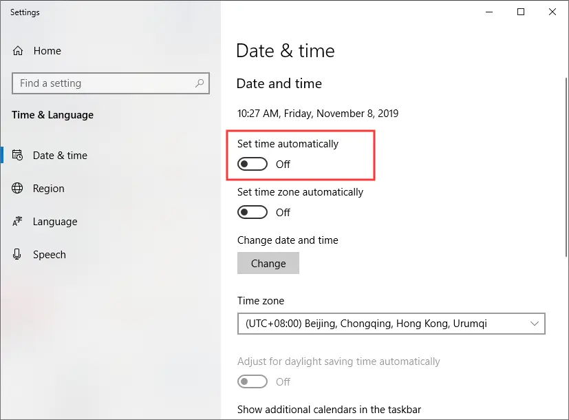 set time manually settings windows 10