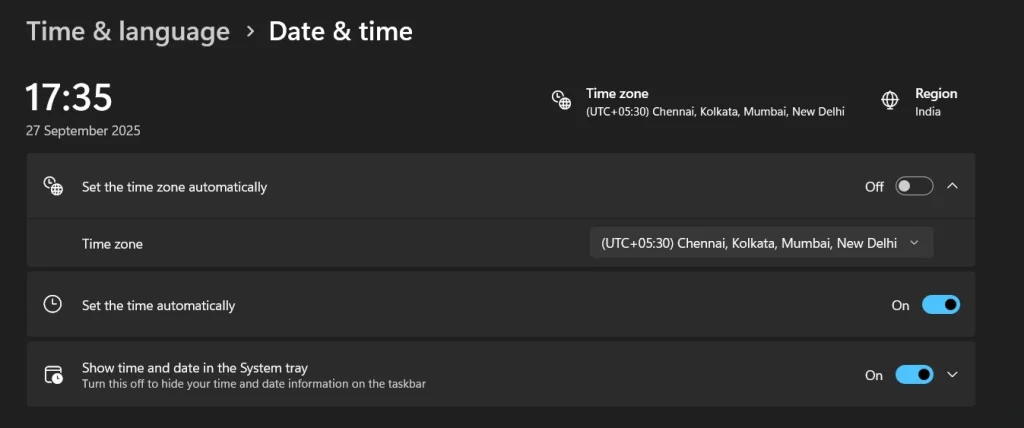 set time manually windows 11 settings