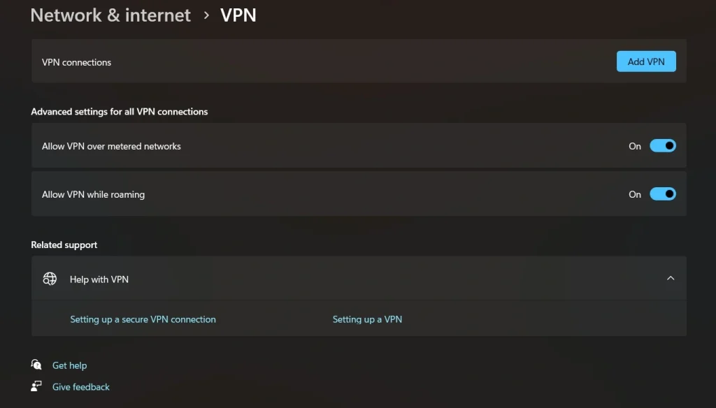 Windows settings vpn connection