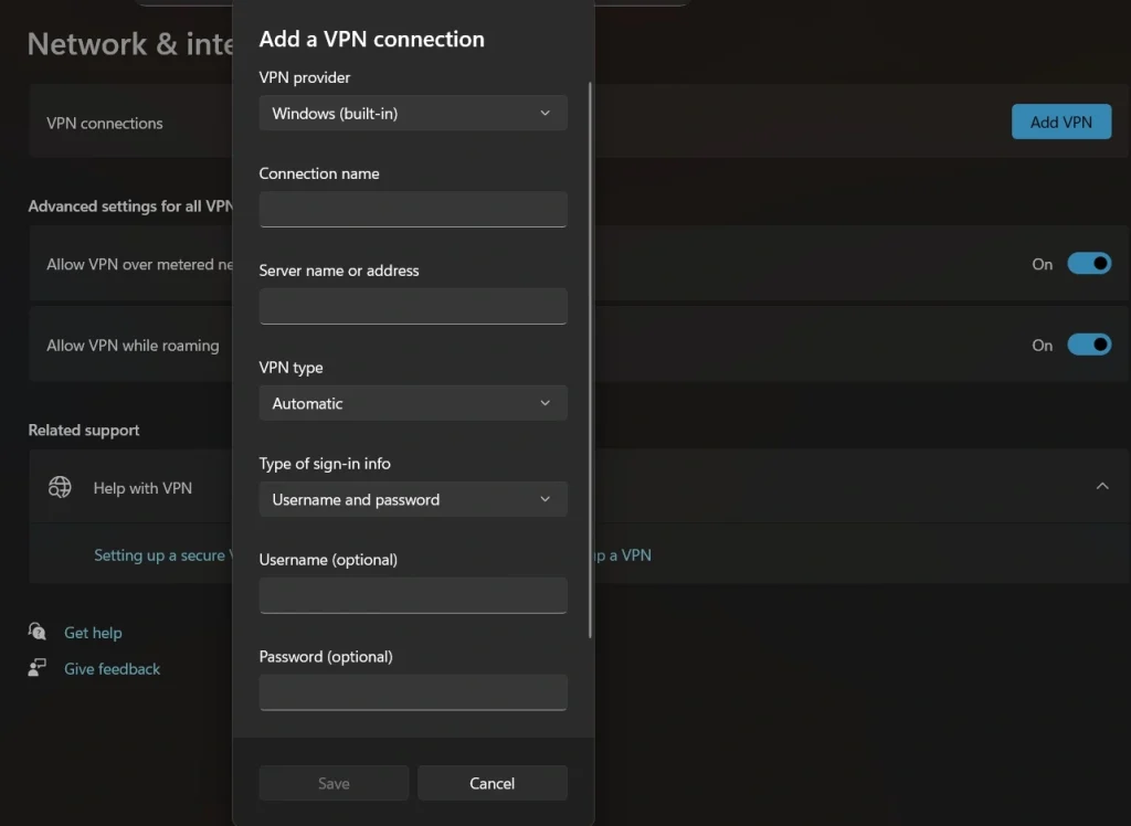 add the vpn via form