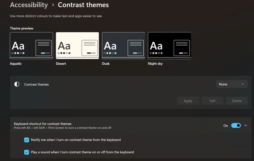 choose contrast themes accessibility settings