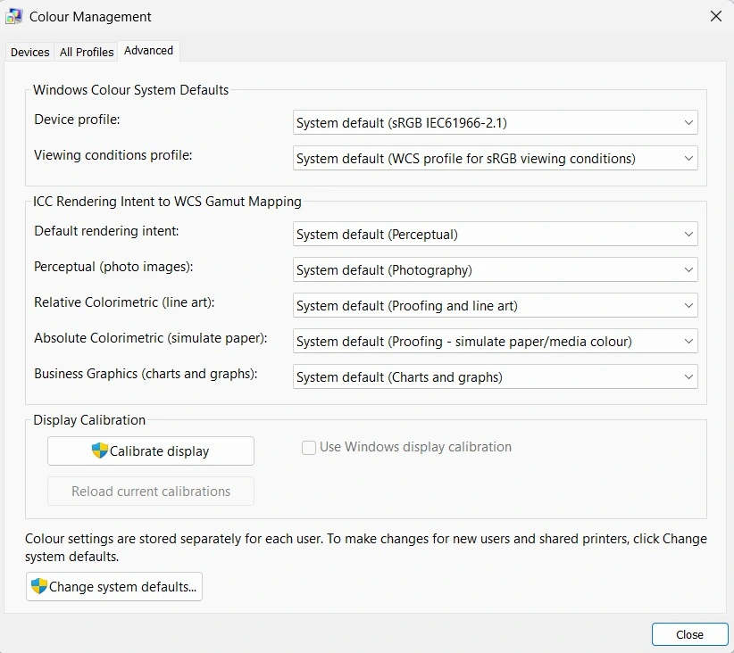 color management advances settings