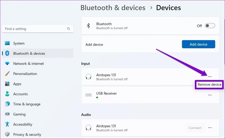 remove earbuds using windows settings