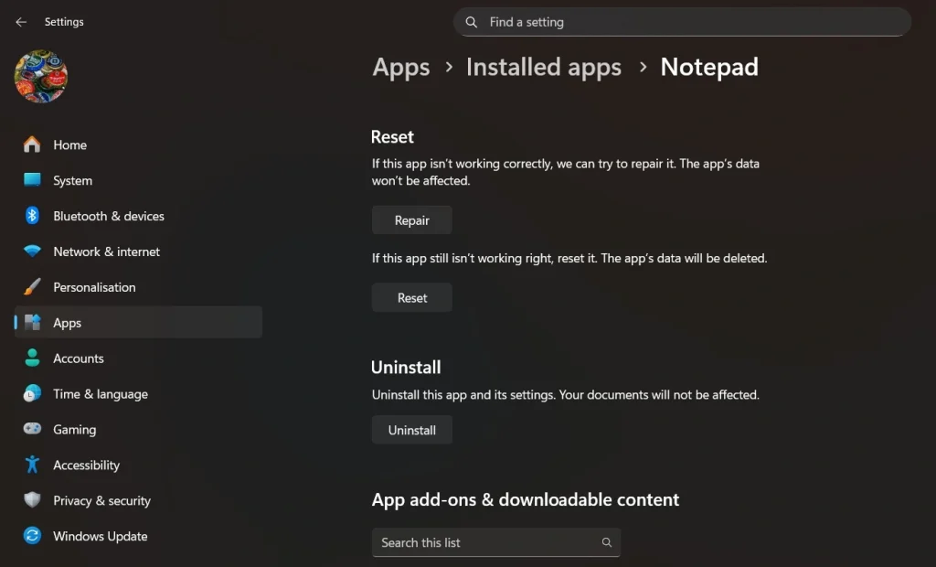 repair or reset notepad app windows settings