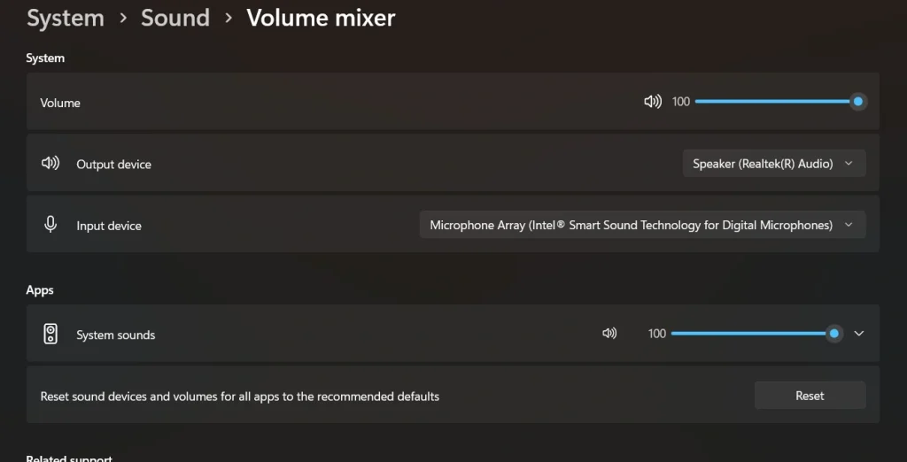 reset volume mixer via Windows settings