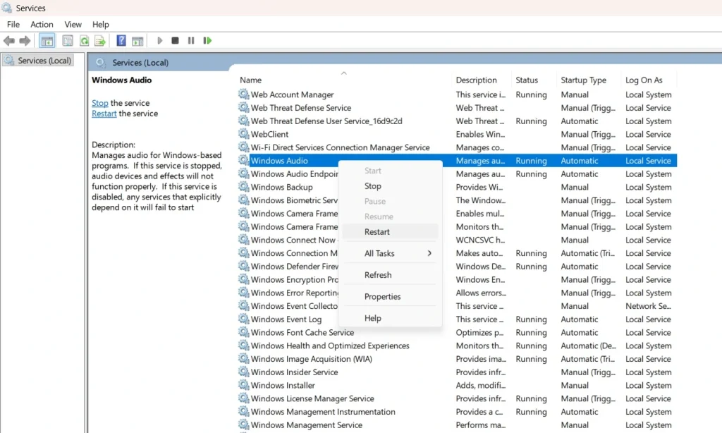 reset windows audio service