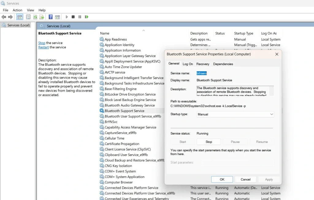 restart bluetooth services