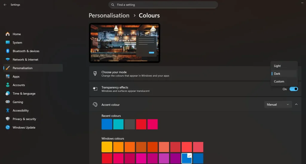 turn on dark mode using settings app