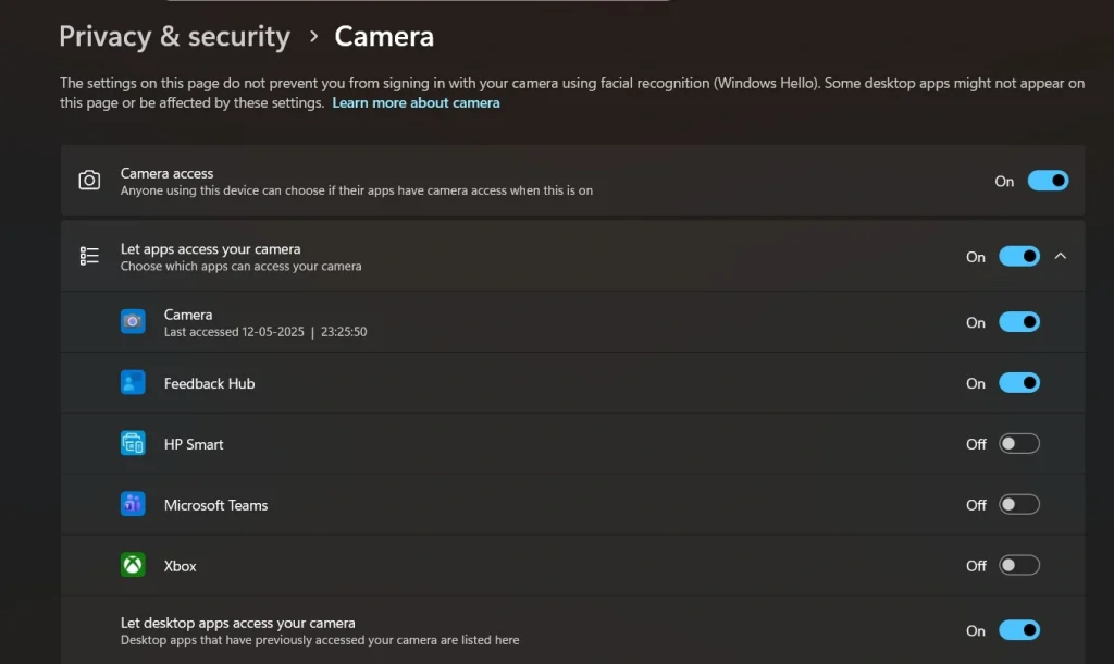 windows pc camera settings