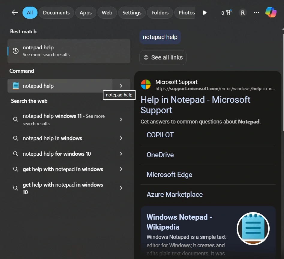 windows search bar notepad help