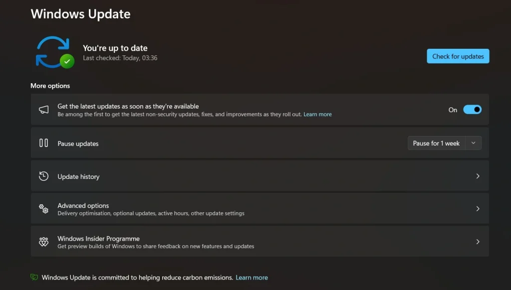 windows settings updates